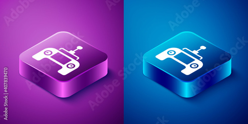 Isometric Drone radio remote control transmitter icon isolated on blue and purple background. Square button. Vector.