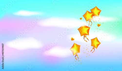 Golden balloons flying in the sky. Blue sky  white clouds and golden balloons as stars. Valentine s day greeting card. Vector EPS10