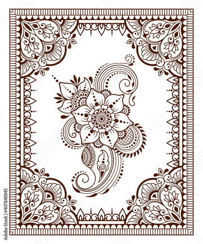 Stylized with henna tattoo decorative pattern for decorating covers book, notebook, casket, postcard and folder. Flower and border in mehndi style. Frame in the eastern tradition.
