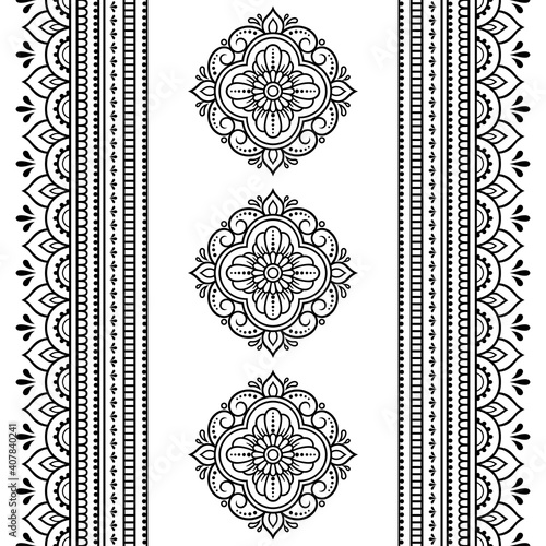 Set of mandala pattern and seamless border for Henna drawing and tattoo. Decoration in ethnic oriental mehndi, Indian style. Doodle ornament in black and white. Hand draw vector illustration.