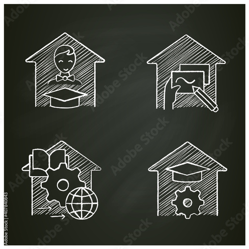 Homeschooling chalk icons set .Benefits of schooling at home. Online education concept. Distant remote teaching and home schooling. Isolated vector illustrations on chalkboard