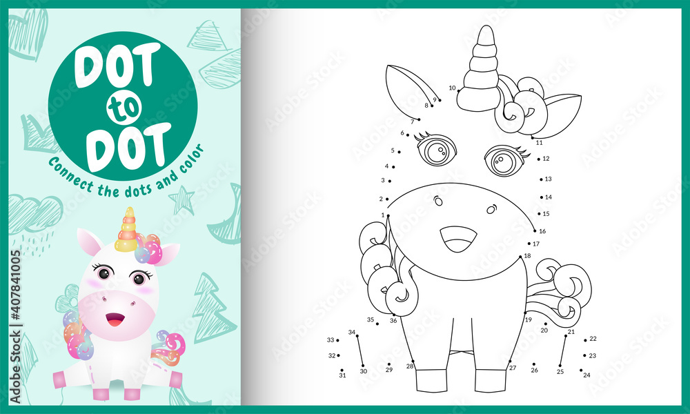 Connect the dots kids game and coloring page with a cute unicorn character illustration Connect the dots kids game and coloring page with a cute unicorn character illustration