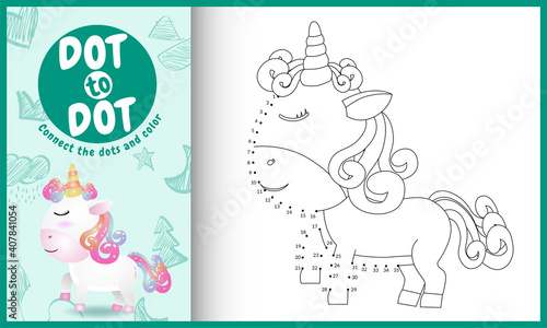 Connect the dots kids game and coloring page with a cute unicorn character illustration