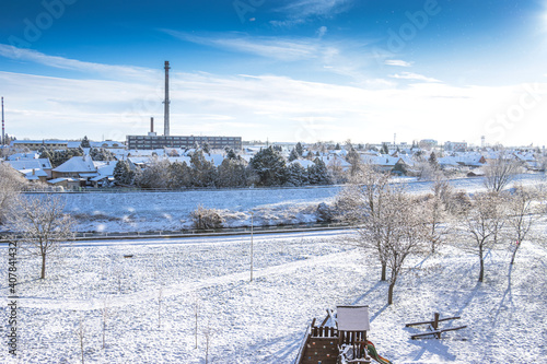Nove Zamky, Slovakia: 01-14-2021-A winter snowy landscape of the city Nove Zamky captured on Sunny Morning.
