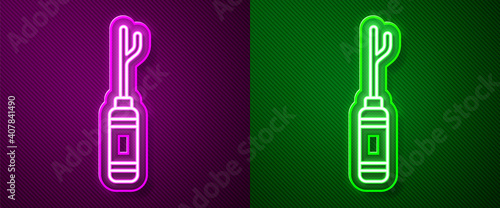 Glowing neon line Awl tool with wooden handle icon isolated on purple and green background. Work equipment tailor industry. Vector Illustration.