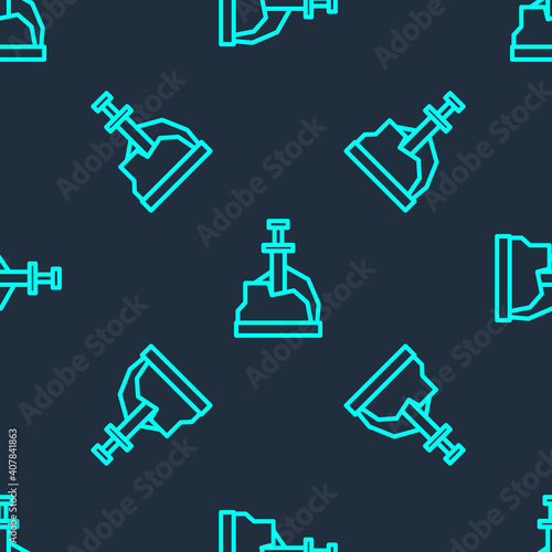 Green line Sword in the stone icon isolated seamless pattern on blue background. Excalibur the sword in the stone from the Arthurian legends. Vector.
