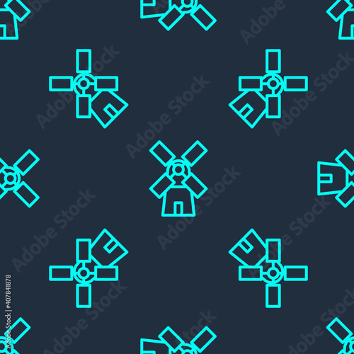 Green line Windmill icon isolated seamless pattern on blue background. Vector.