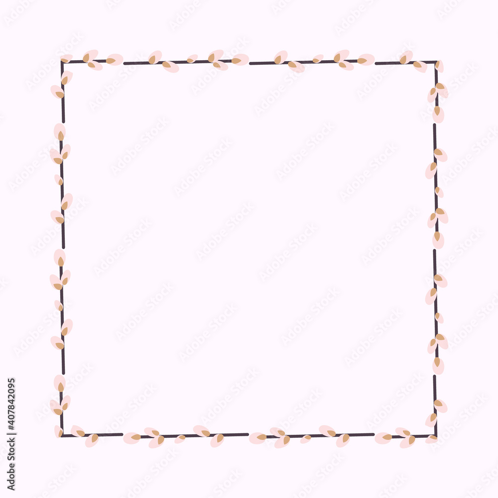 square frame made of willow twigs.Easter wreath made of willow stalks.Vector flat illustration isolated on a white background. Design for invitations, postcards, printing. square frame made of willow twigs.Easter wreath made of willow stalks.Vector flat illustration isolated on a white background. Design for invitations, postcards, printing.