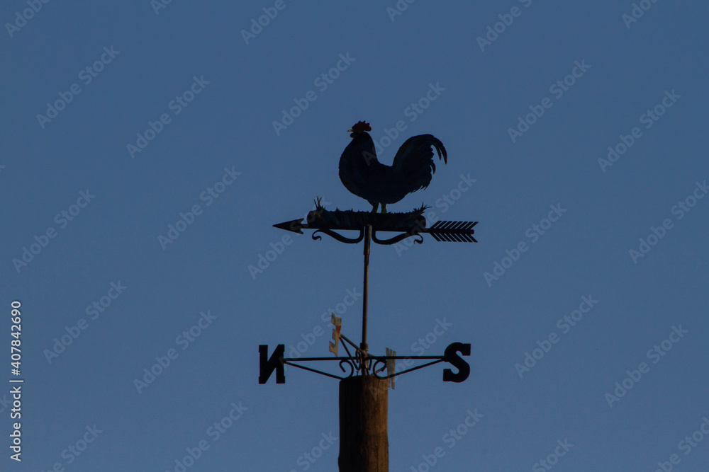 Weather Vane Rooster,Wind Vane or weathercock with dusk background,local at Bracciano port,Italy.