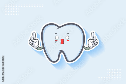 SPACED OUT, SURPRISED, SHOCKED Face Emotion. Double forefinger Hand Gesture. Tooth Cartoon Drawing Mascot Illustration.