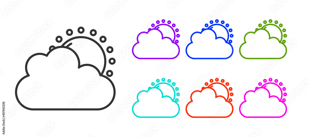 Black line Sun and cloud weather icon isolated on white background. Set icons colorful. Vector.