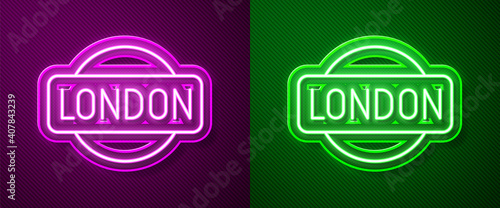 Glowing neon line London sign icon isolated on purple and green background. Vector.