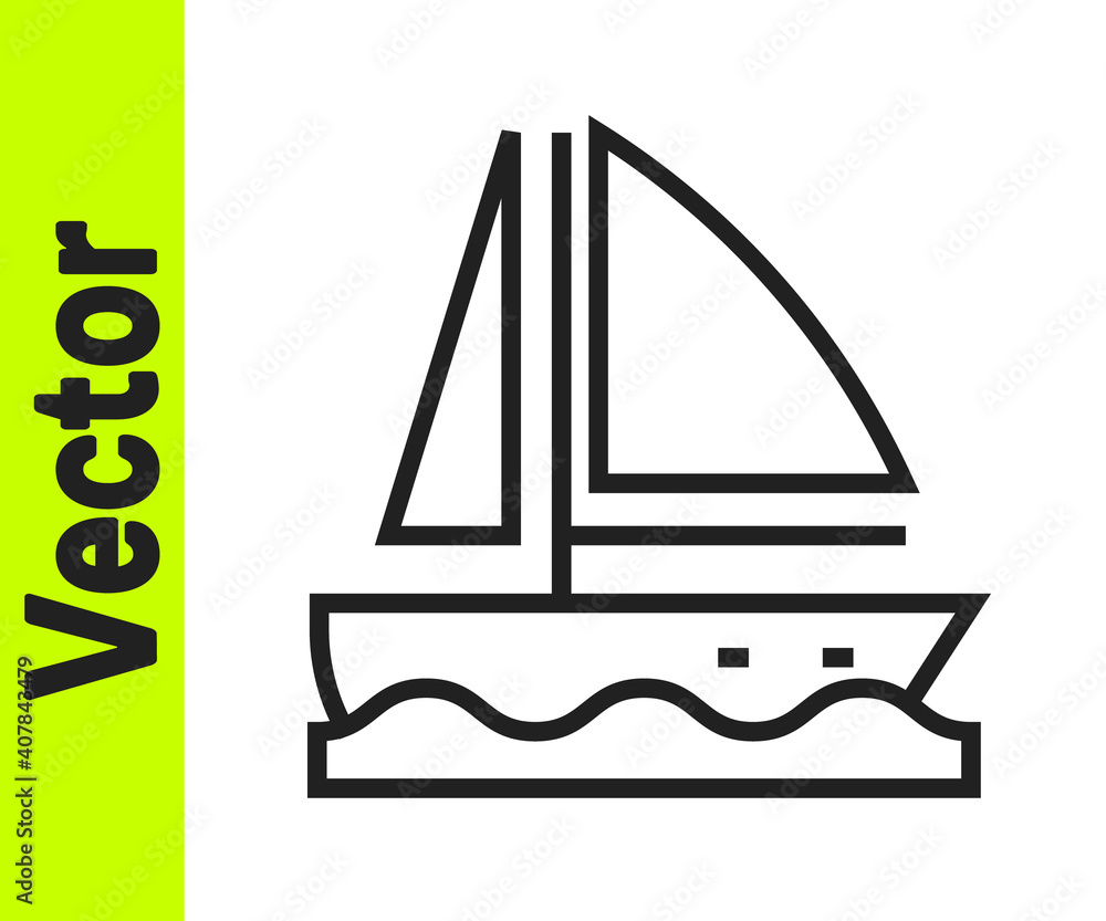 Black line Yacht sailboat or sailing ship icon isolated on white background. Sail boat marine cruise travel. Vector. Black line Yacht sailboat or sailing ship icon isolated on white background. Sail boat marine cruise travel. Vector.
