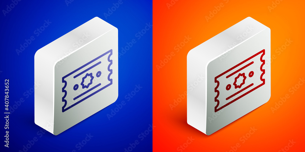 Isometric line Ticket icon isolated on blue and orange background. Amusement park. Silver square button. Vector. Isometric line Ticket icon isolated on blue and orange background. Amusement park. Silver square button. Vector.