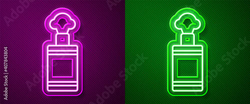 Glowing neon line Hand grenade icon isolated on purple and green background. Bomb explosion. Vector.