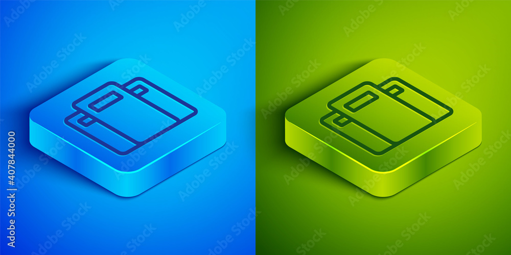 Isometric line Police assault shield icon isolated on blue and green background. Square button. Vector. Isometric line Police assault shield icon isolated on blue and green background. Square button. Vector.