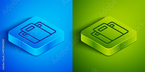 Isometric line Police assault shield icon isolated on blue and green background. Square button. Vector.