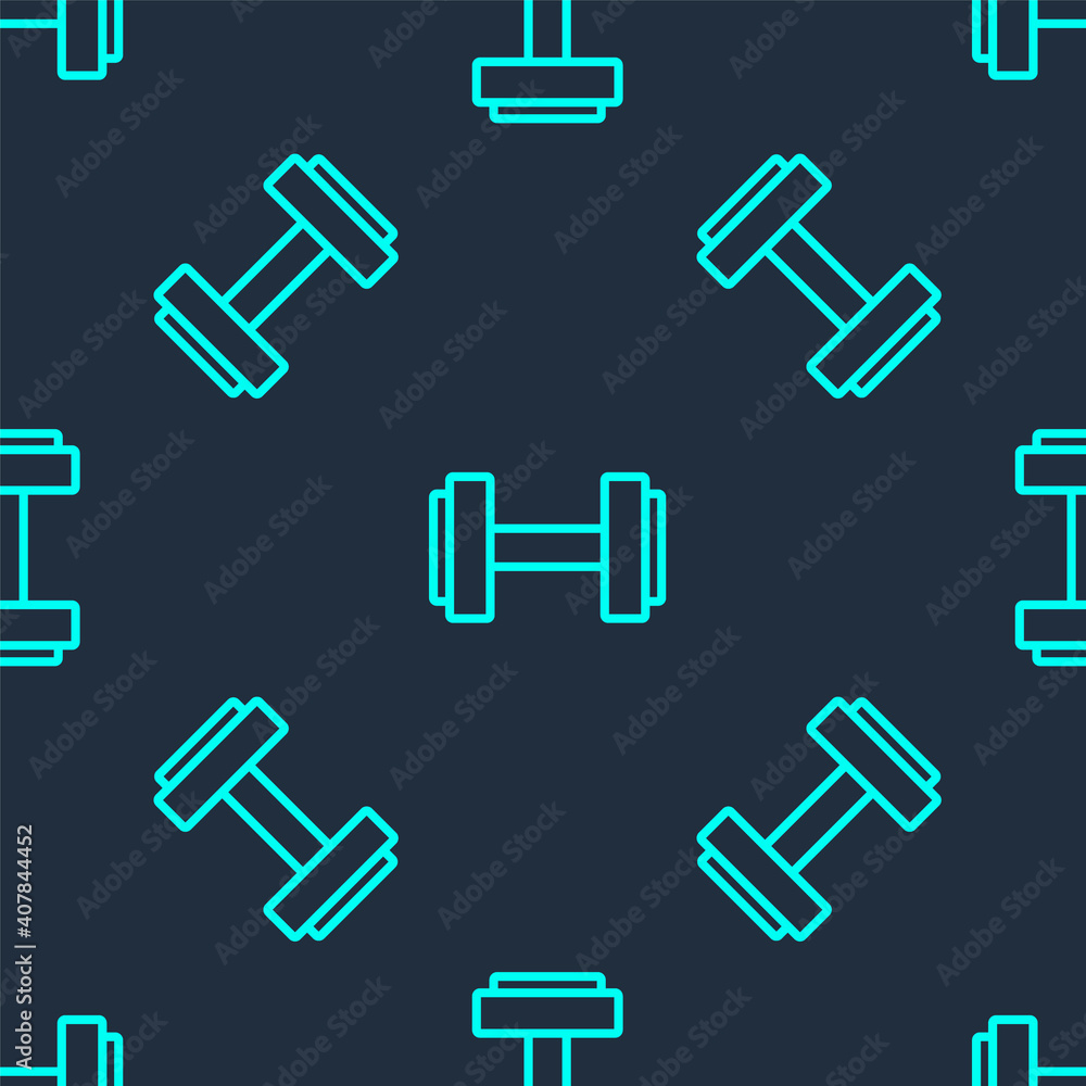 Green line Dumbbell icon isolated seamless pattern on blue background. Muscle lifting icon, fitness barbell, gym, sports equipment, exercise bumbbell. Vector. Green line Dumbbell icon isolated seamless pattern on blue background. Muscle lifting icon, fitness barbell, gym, sports equipment, exercise bumbbell. Vector.