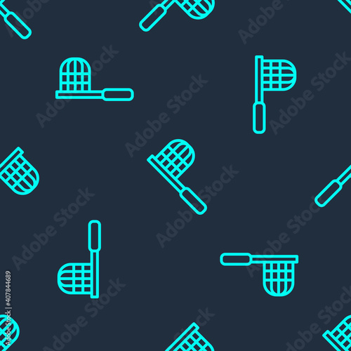 Green line Butterfly net icon isolated seamless pattern on blue background. Vector.