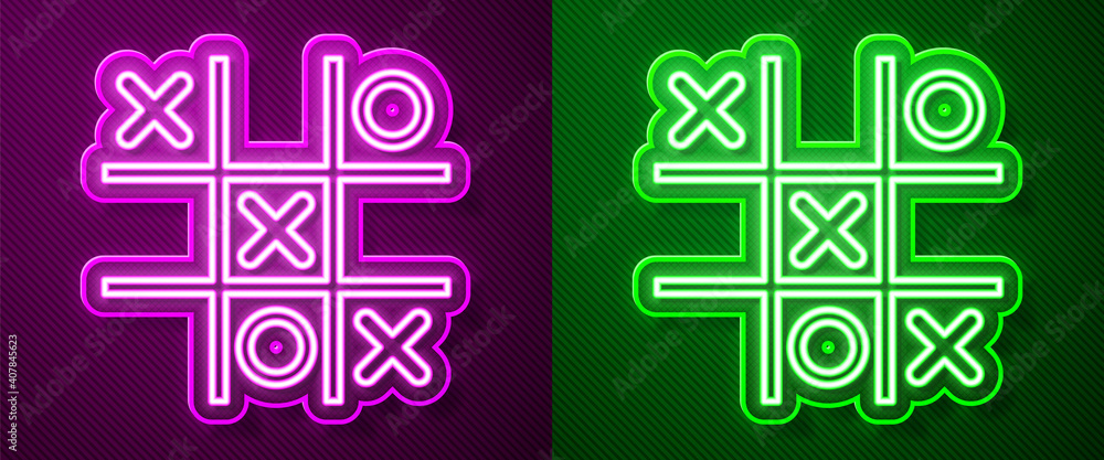 Obraz premium Glowing neon line Tic tac toe game icon isolated on purple and green background. Vector.