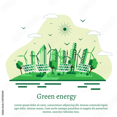 Green city with ecological infrastructure, solar panel and windmill. Monochrome vector illustration of eco cityscape with alternative, renewable energy