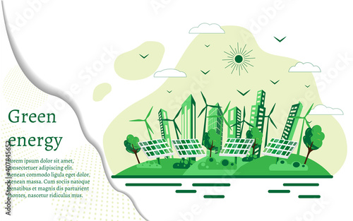 Eco cityscape banner design by solar panel and windmill. Vector illustration of alternative, renewable, clean green energy. Place for text