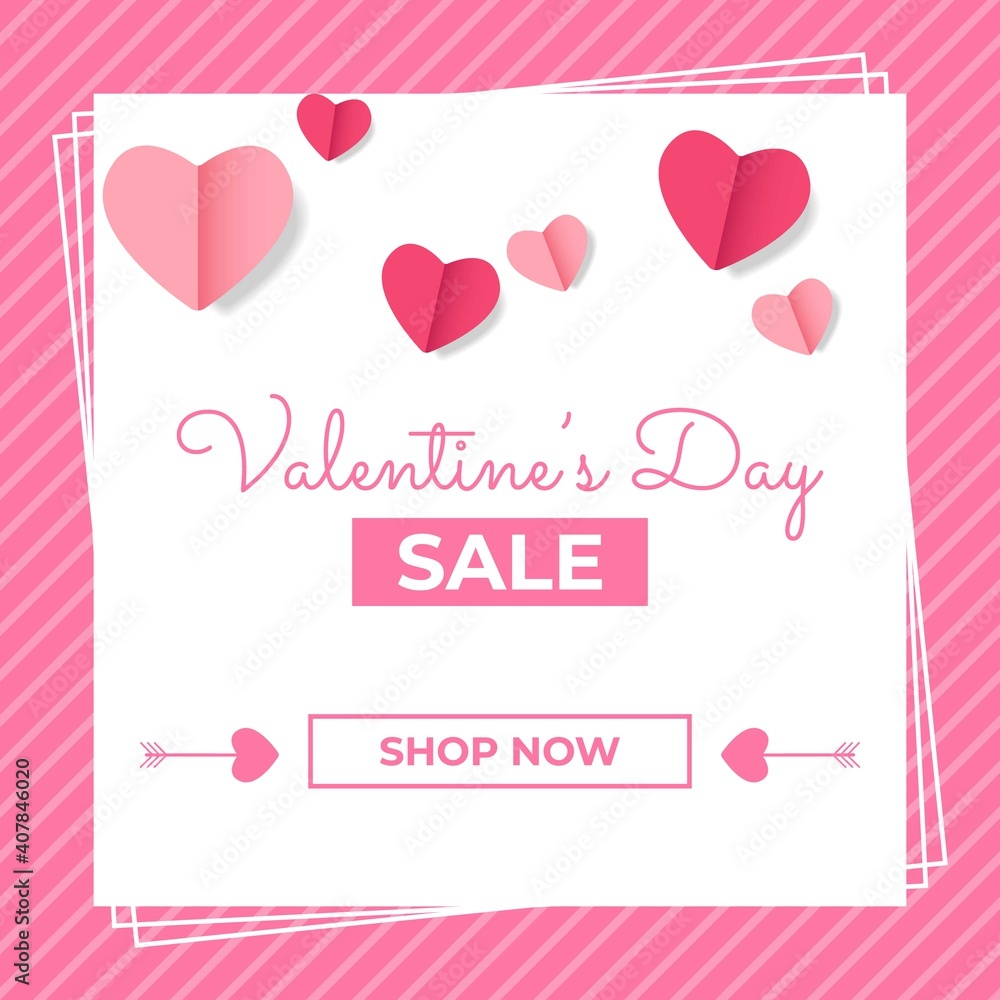 Editable square banner design. Valentine's day sale banner design with love decoration. Suitable for social media, banner, and web internet ads. Flat design vector.