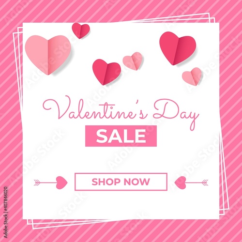 Editable square banner design. Valentine's day sale banner design with love decoration. Suitable for social media, banner, and web internet ads. Flat design vector.