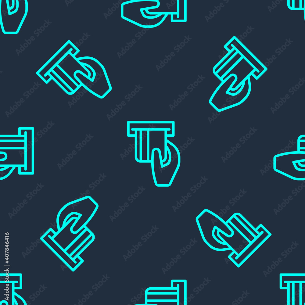 Green line Credit card inserted in card reader icon isolated seamless pattern on blue background. ATM cash machine. Vector. Green line Credit card inserted in card reader icon isolated seamless pattern on blue background. ATM cash machine. Vector.