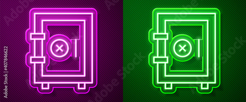 Glowing neon line Safe icon isolated on purple and green background. The door safe a bank vault with a combination lock. Reliable Data Protection. Vector.