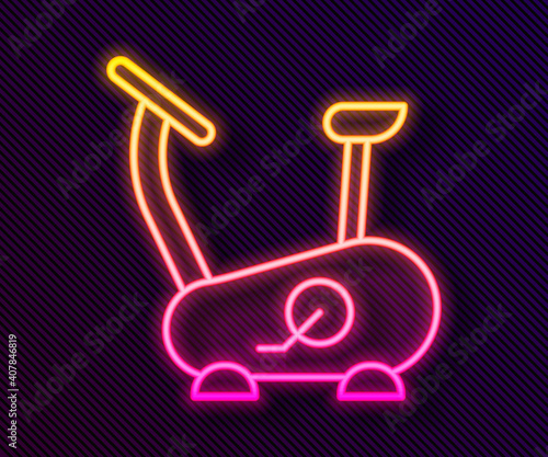 Glowing neon line Stationary bicycle icon isolated on black background. Exercise bike. Vector.