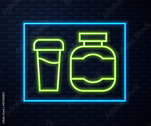 Glowing neon line Sports nutrition bodybuilding proteine power drink and food icon isolated on brick wall background. Vector.