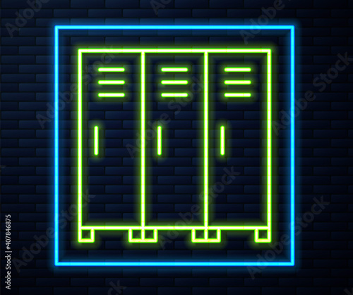 Glowing neon line Locker or changing room for hockey, football, basketball team or workers icon isolated on brick wall background. Vector.
