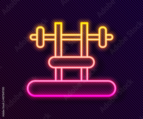 Glowing neon line Bench with barbel icon isolated on black background. Gym equipment. Bodybuilding, powerlifting, fitness concept. Vector.