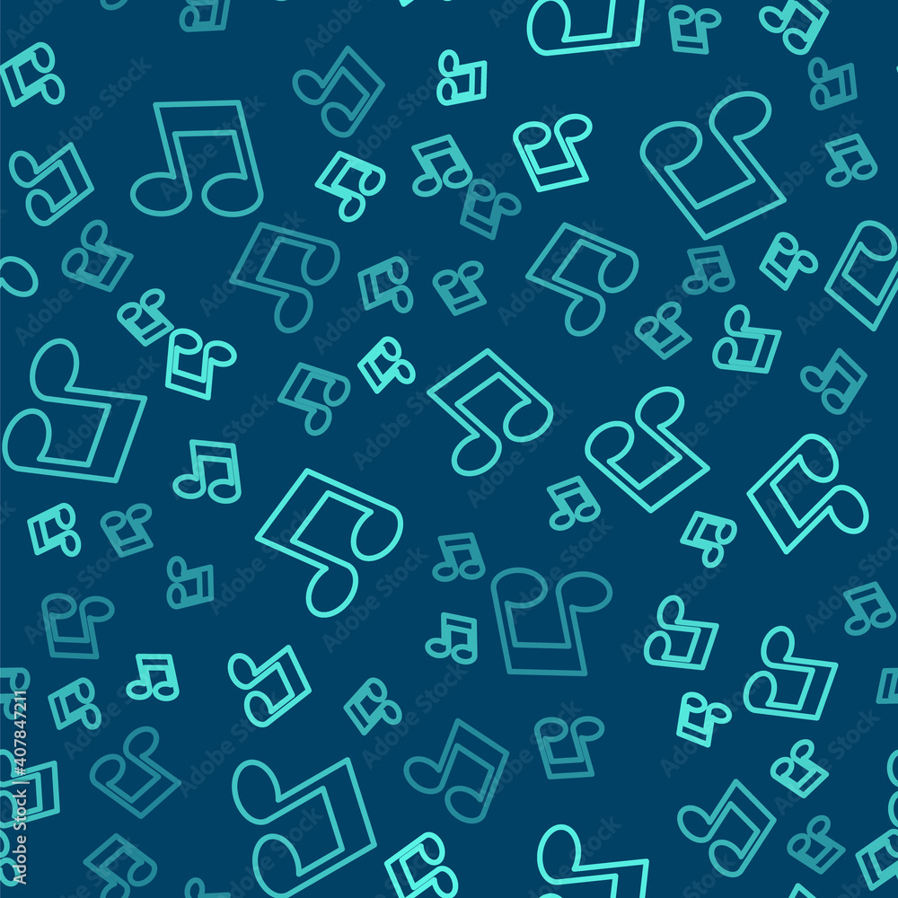 Green line Music note, tone icon isolated seamless pattern on blue background. Vector. Green line Music note, tone icon isolated seamless pattern on blue background. Vector.