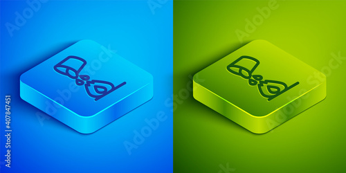 Isometric line Water bucket extinguishing a fire icon isolated on blue and green background. Square button. Vector.