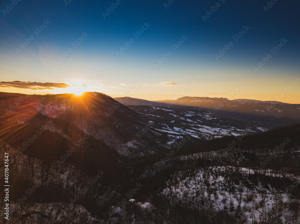 sunset on the Carpegna mountains in the province of Pesaro and Urbino Marche Italy