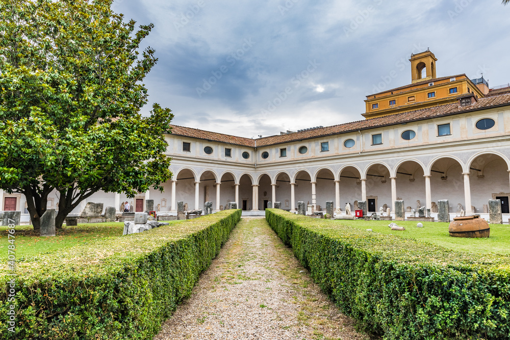  The Cloister of Michelangelo of the Baths of Diocletian (Terme di Diocleziano) in Rome, Italy.