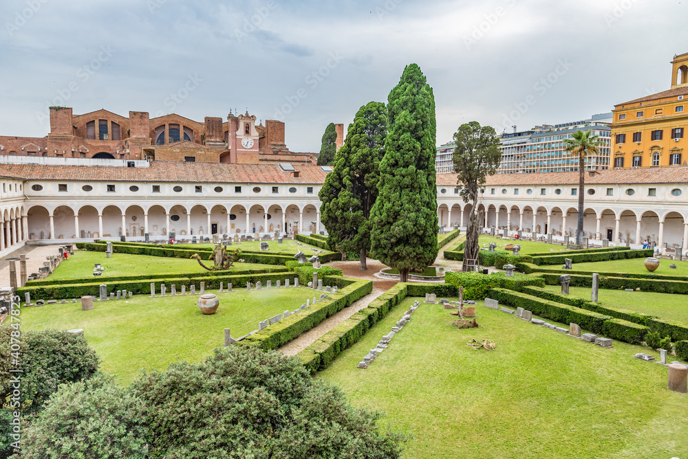  The Cloister of Michelangelo of the Baths of Diocletian (Terme di Diocleziano) in Rome, Italy.