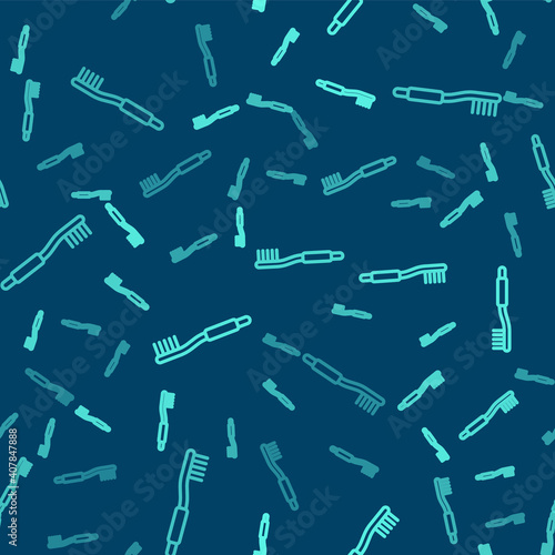 Green line Toothbrush icon isolated seamless pattern on blue background. Vector.