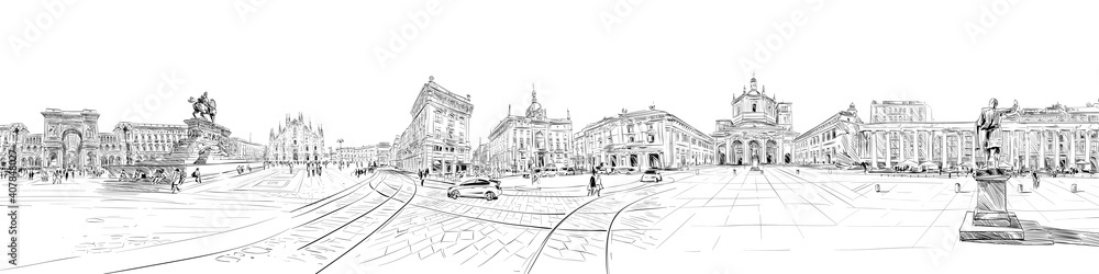 Obraz premium Milan. Italy. Piazza del Duomo. Victor Emanuel II Gallery. Milan Cathedral. City panorama. Collage of landmarks. Hand drawn sketch. Vector illustration