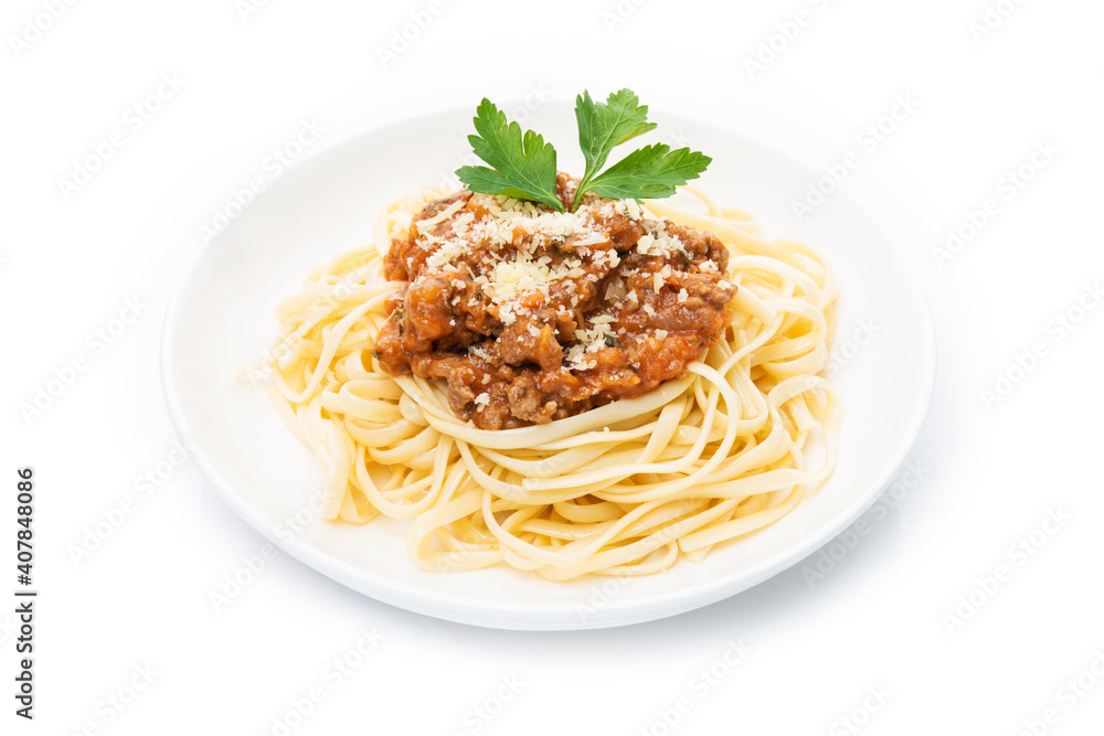Plate of spaghetti bolognese in tomato sauce on a white background Plate of spaghetti bolognese in tomato sauce on a white background