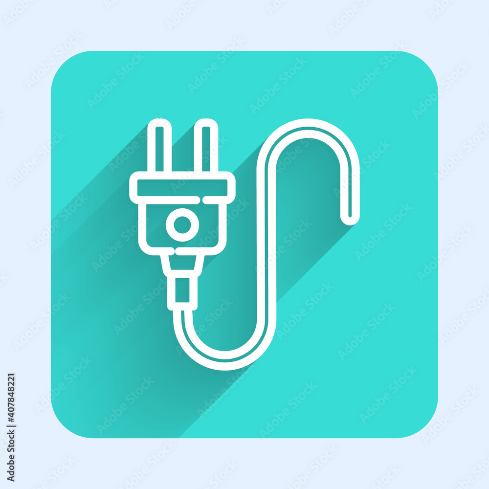 White line Electric plug icon isolated with long shadow. Concept of connection and disconnection of the electricity. Green square button. Vector. White line Electric plug icon isolated with long shadow. Concept of connection and disconnection of the electricity. Green square button. Vector.