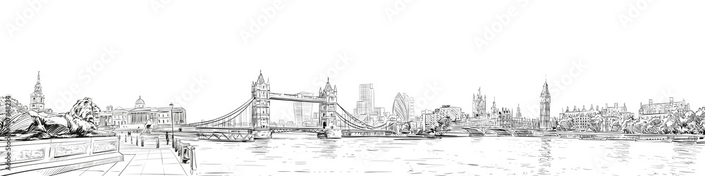 Tower Bridge. Trafalgar Square.  Big Ben. London. England. City panorama. Collage of landmarks. Vector illustration. Urban sketch. 