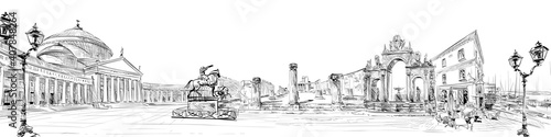 Pompeii. Piazza del Plebiscito. Fountain of Giant. Naples. Italy. City panorama. Collage of landmarks. Hand drawn sketch. Vector illustration. photo