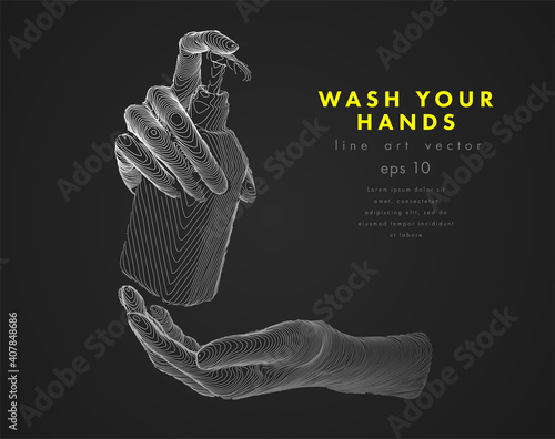 Washing hands with alcohol gel or antibacterial soap sanitizer. Hands holding a bottle. Concept antivirus vector line illustration on dark background.