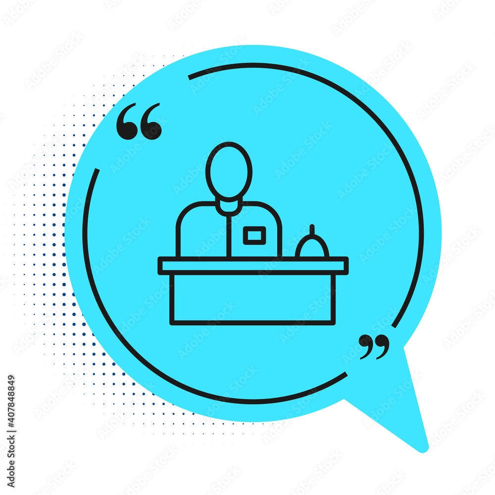 Black line Receptionist standing at hotel reception desk icon isolated on white background. Blue speech bubble symbol. Vector. Black line Receptionist standing at hotel reception desk icon isolated on white background. Blue speech bubble symbol. Vector.