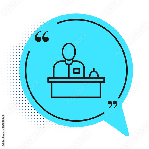 Black line Receptionist standing at hotel reception desk icon isolated on white background. Blue speech bubble symbol. Vector.
