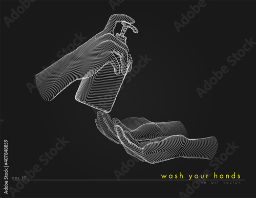 Washing hands with alcohol gel or antibacterial soap sanitizer. Hands holding a bottle. Concept antivirus vector line illustration on dark background.