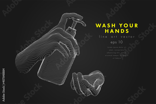 Washing hands with alcohol gel or antibacterial soap sanitizer. Hands holding a bottle. Concept antivirus vector line illustration on dark background.